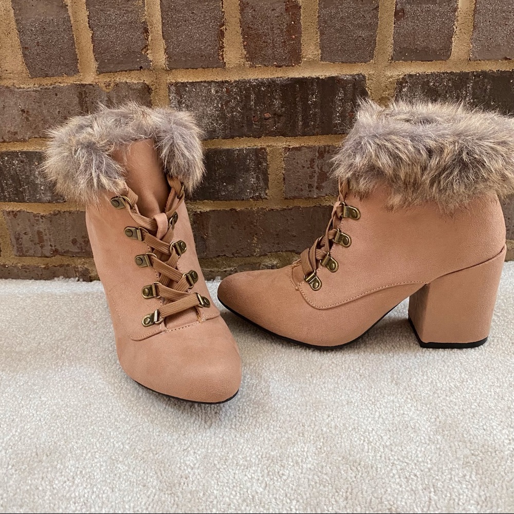 Bamboo Vitality Faux Fur Lace Up Heeled Booties